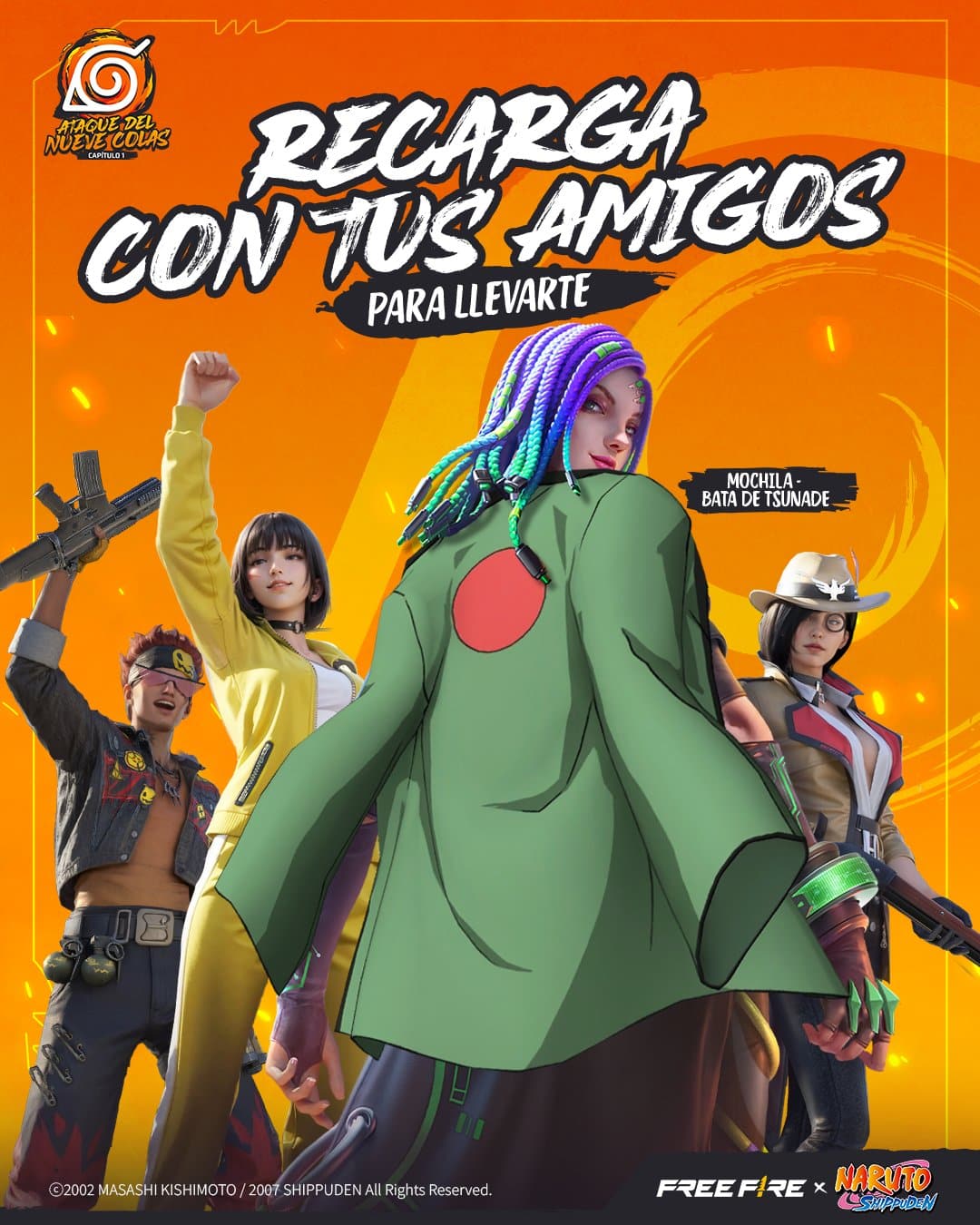 Evento de recarga free fire con la mochila bata de Tsunade